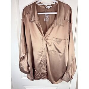 HYFVE Women's Button Down Blouse Size L‎ Taupe Silky Look Long Sleeve Top